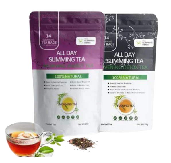 "All Day Slimming Tea Morning Energy and Evening Detox packs with tea cup"