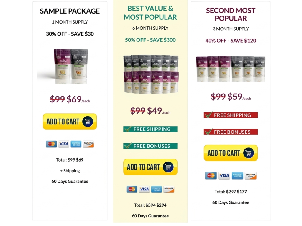 "All Day Slimming Tea pricing options and discount packages table"
